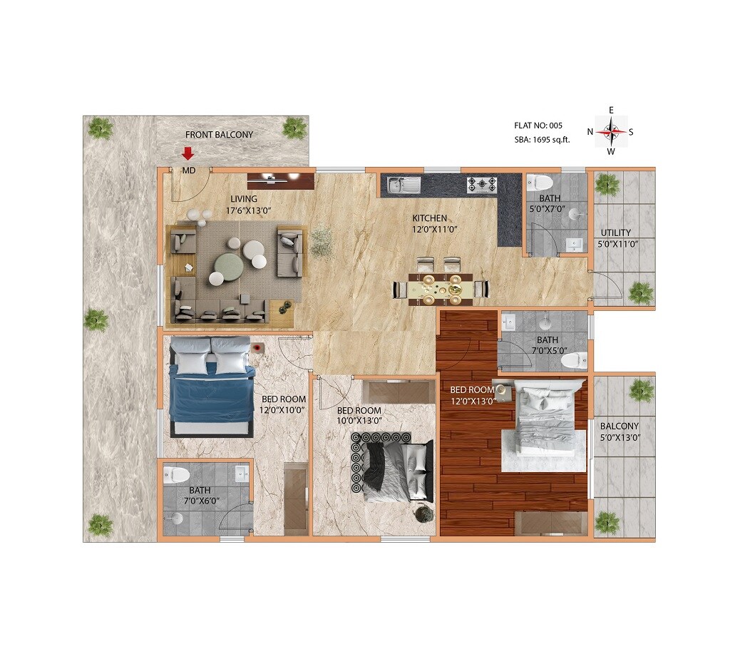 Floor plan of 3 BHK 1695 Sq. Ft. Apartment in Promax Dreamville Home, Bangalore
