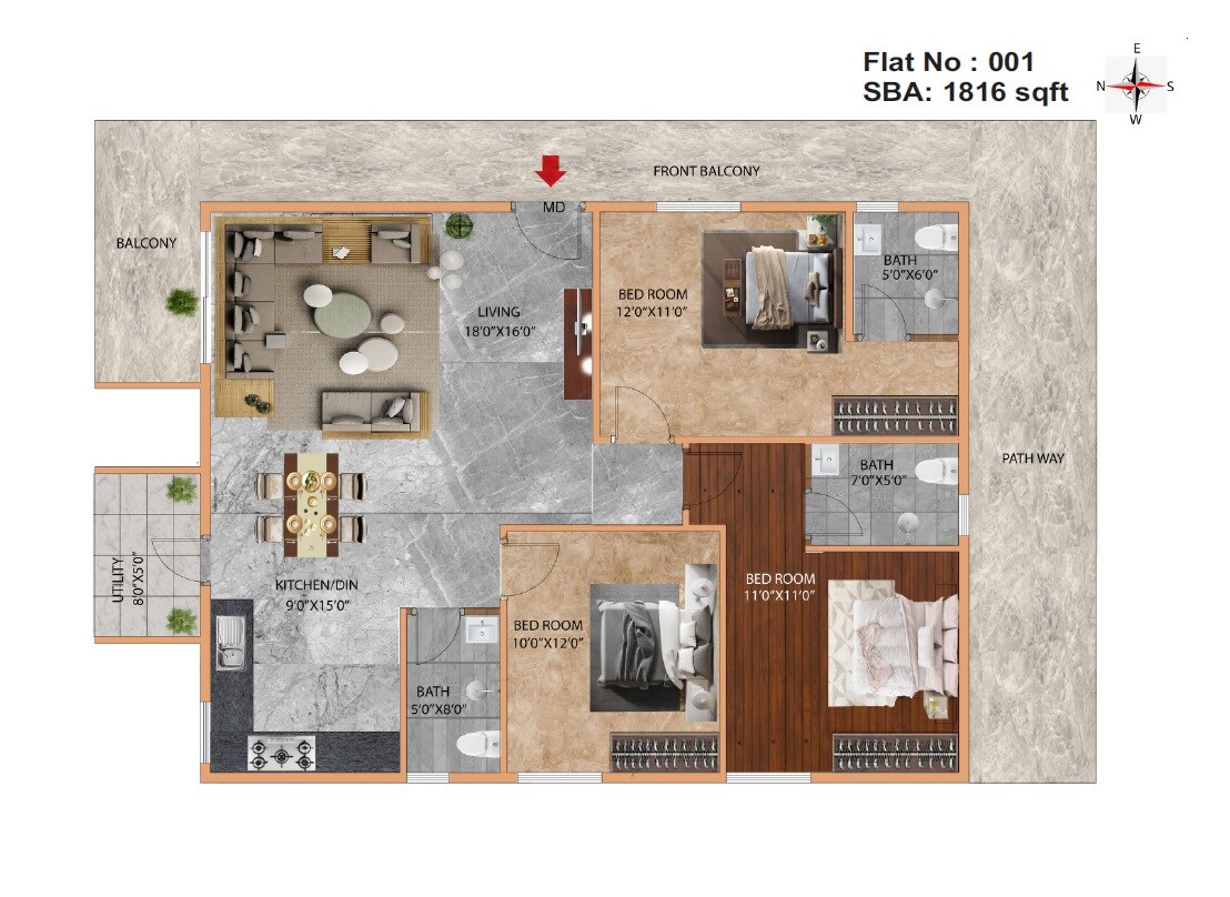 Floor plan of 3 BHK 1816 Sq. Ft. Apartment in Promax Dreamville Home, Bangalore