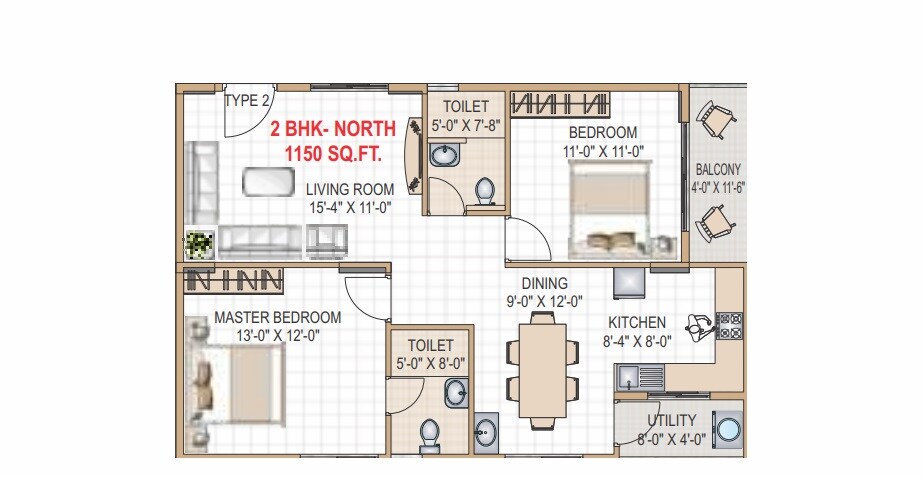 Floor plan of 2 BHK 1150 Sq. Ft. Apartment in Prominent Chourasia Revanta, Bangalore