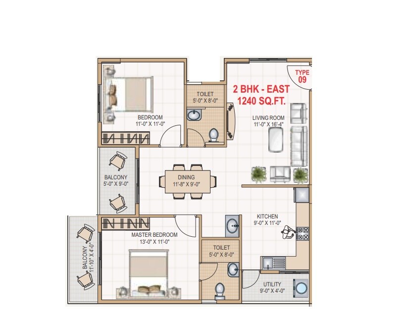 Floor plan of 2 BHK 1240 Sq. Ft. Apartment in Prominent Chourasia Revanta, Bangalore