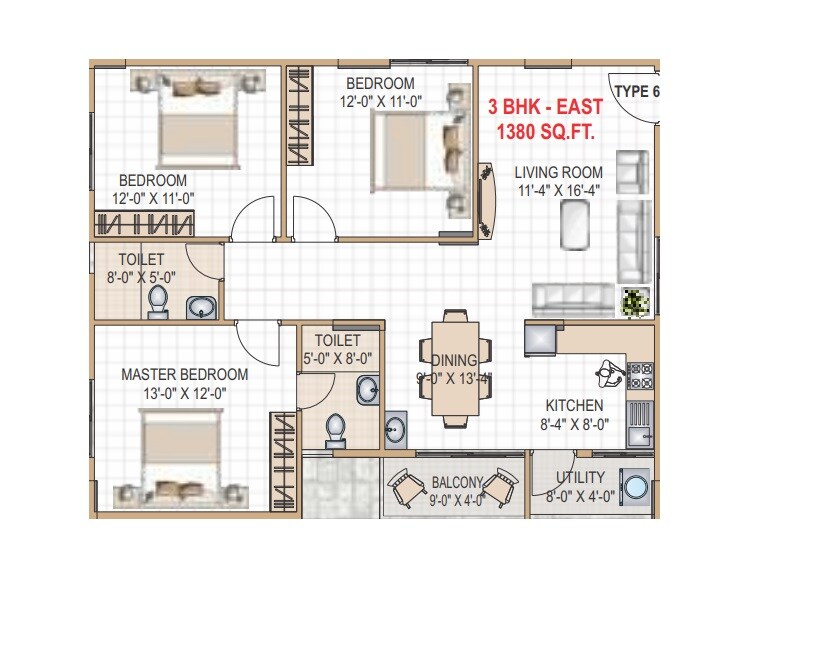 Floor plan of 3 BHK 1380 Sq. Ft. Apartment in Prominent Chourasia Revanta, Bangalore