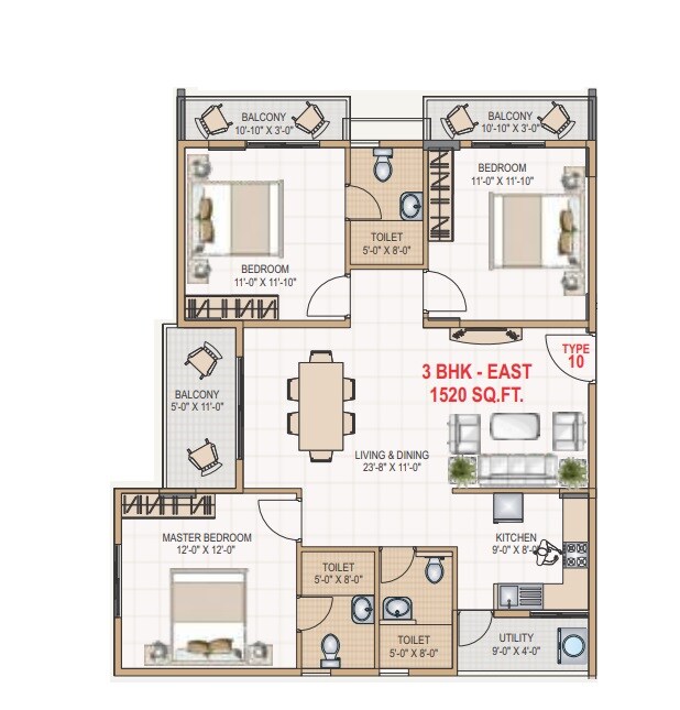 Floor plan of 3 BHK 1520 Sq. Ft. Apartment in Prominent Chourasia Revanta, Bangalore