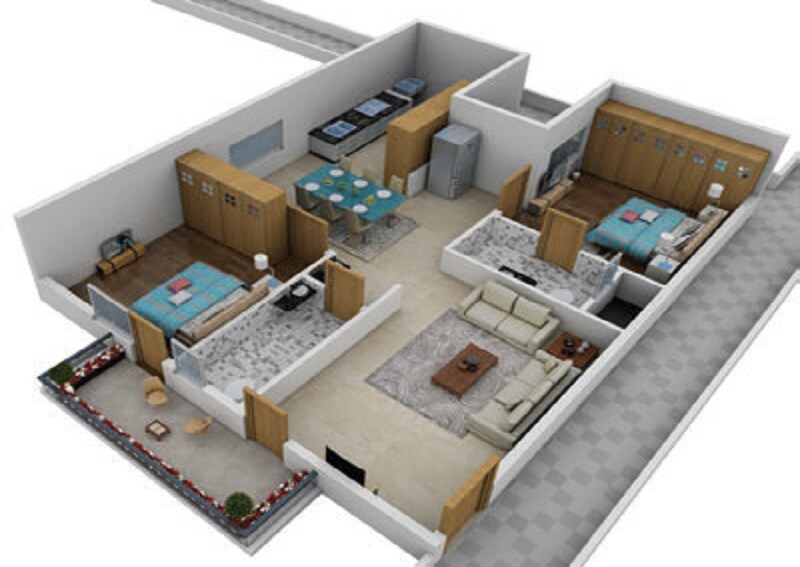 Floor plan of 2 BHK 1030 Sq. Ft. Apartment in Propulsive Pinnacle, Bangalore