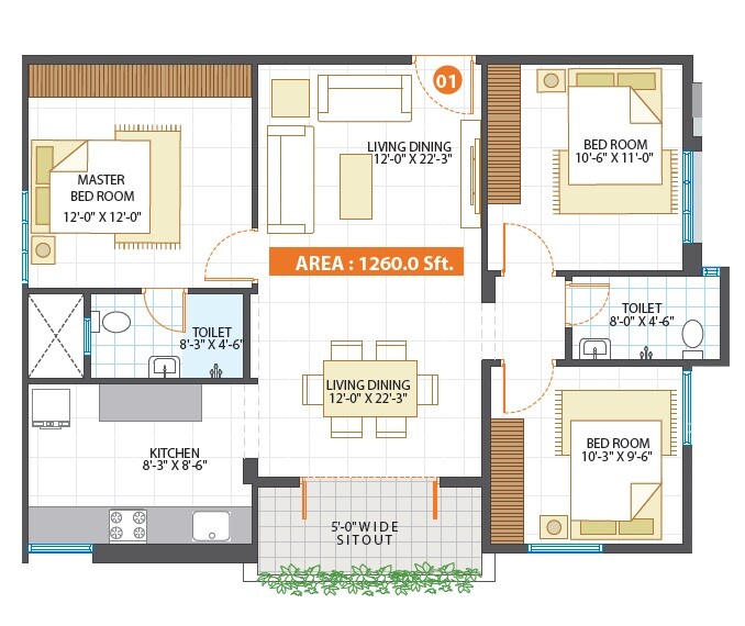 Floor plan of 3 BHK 1260 Sq. Ft. Apartment in Propulsive Pinnacle, Bangalore