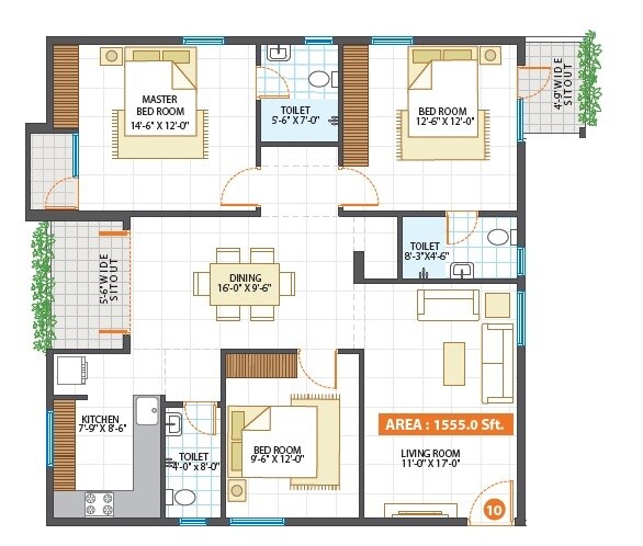 Floor plan of 3 BHK 1555 Sq. Ft. Apartment in Propulsive Pinnacle, Bangalore