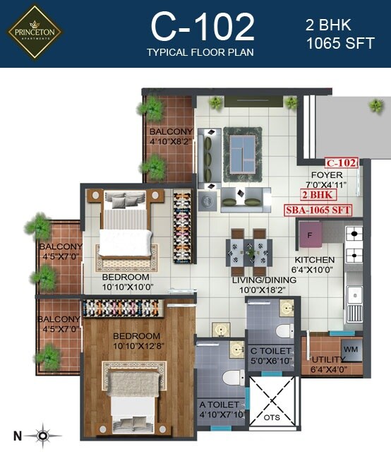 Floor plan of 2 BHK 1065 Sq. Ft. Apartment in Prospect Princeton, Bangalore