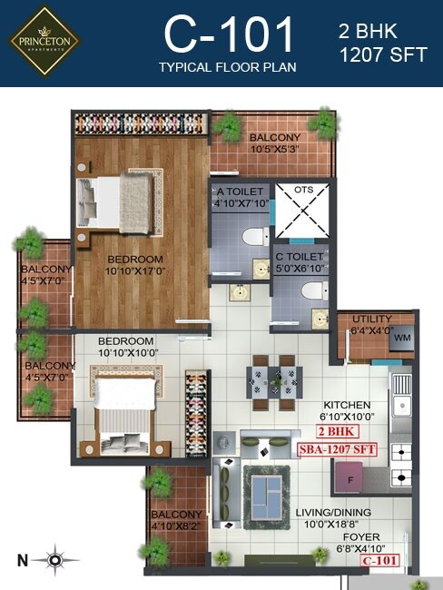 Floor plan of 2 BHK 1207 Sq. Ft. Apartment in Prospect Princeton, Bangalore