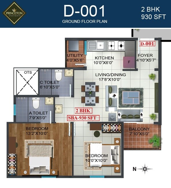 Floor plan of 2 BHK 930 Sq. Ft. Apartment in Prospect Princeton, Bangalore