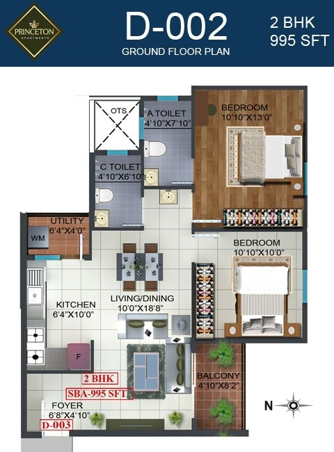 Floor plan of 2 BHK 995 Sq. Ft. Apartment in Prospect Princeton, Bangalore