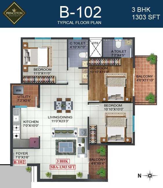 Floor plan of 3 BHK 1303 Sq. Ft. Apartment in Prospect Princeton, Bangalore