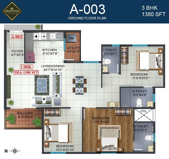 Floor plan of 3 BHK 1380 Sq. Ft. Apartment in Prospect Princeton, Bangalore