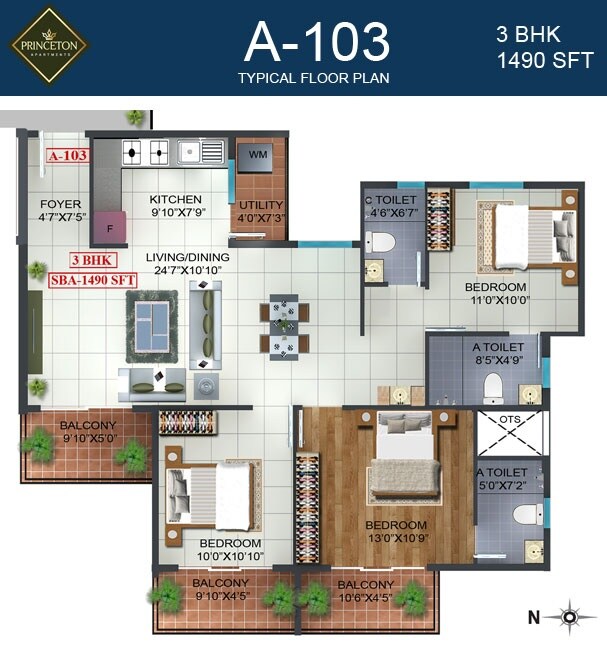 Floor plan of 3 BHK 1490 Sq. Ft. Apartment in Prospect Princeton, Bangalore