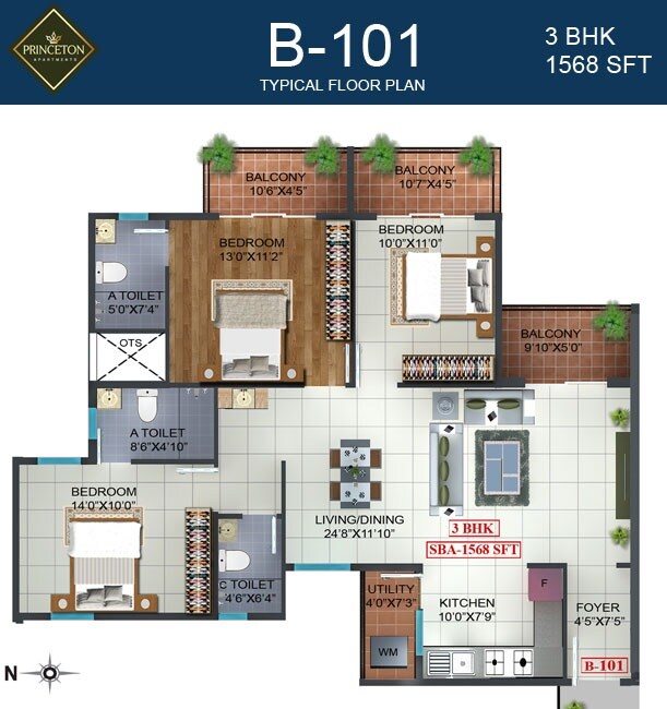 Floor plan of 3 BHK 1568 Sq. Ft. Apartment in Prospect Princeton, Bangalore
