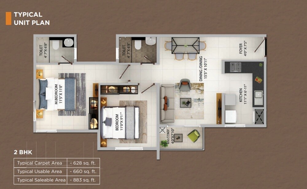 2 BHK 883 Sq. Ft. Apartment