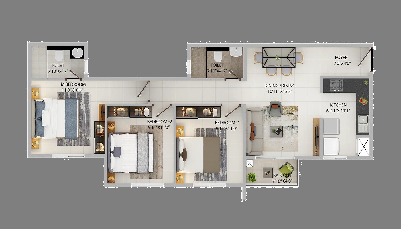 Floor plan of 3 BHK 1595 Sq. Ft. Apartment in Provident Equinox 5, Bangalore