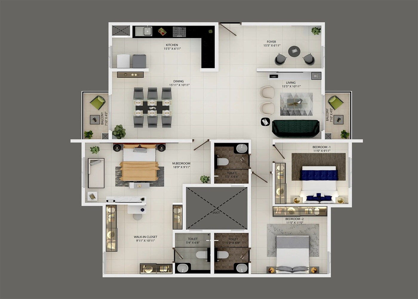 Floor plan of 3 BHK 1923 Sq. Ft. Apartment in Provident Equinox 5, Bangalore