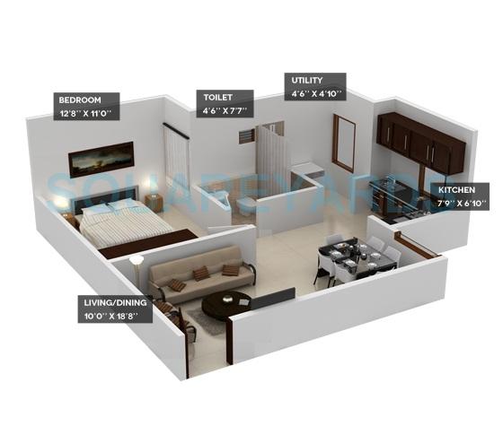 Floor plan of 1 BHK 662 Sq. Ft. Apartment in Provident Harmony, Bangalore