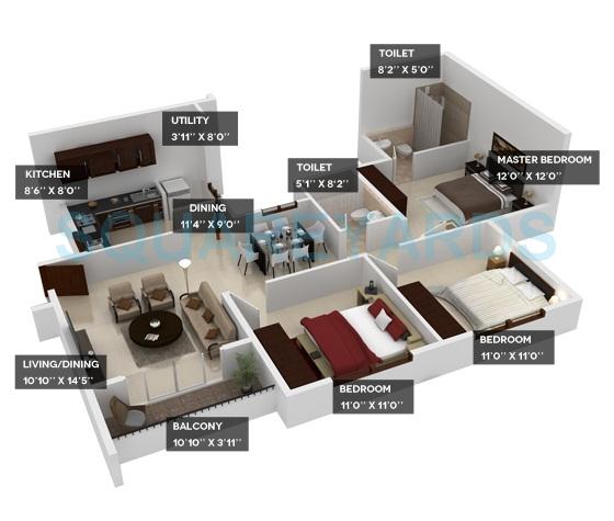 Floor plan of 3 BHK 1241 Sq. Ft. Apartment in Provident Harmony, Bangalore
