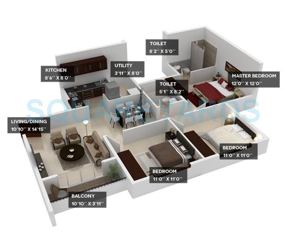 Floor plan of 3 BHK 1262 Sq. Ft. Apartment in Provident Harmony, Bangalore