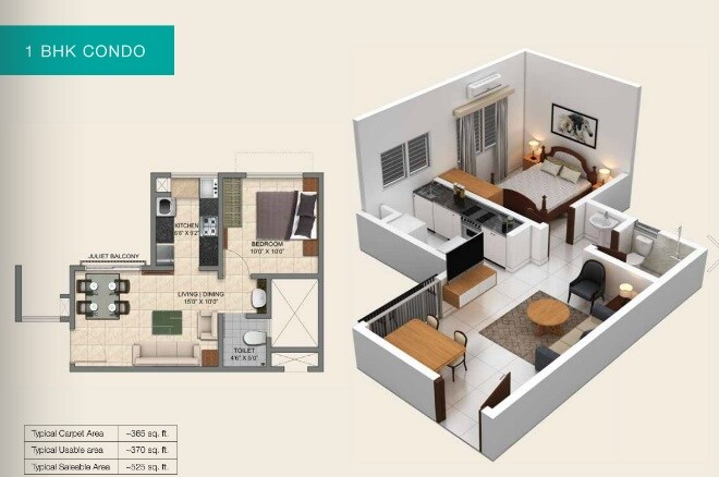 Floor plan of 1 BHK 525 Sq. Ft. Apartment in Provident Park Square Phase 4, Bangalore