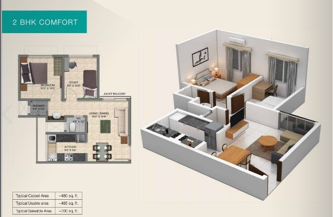 Floor plan of 2 BHK 700 Sq. Ft. Apartment in Provident Park Square Phase 4, Bangalore