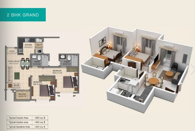 Floor plan of 2 BHK 900 Sq. Ft. Apartment in Provident Park Square Phase 4, Bangalore