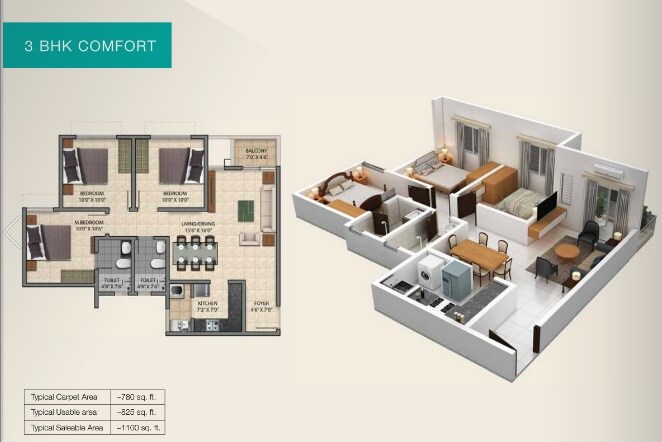 Floor plan of 3 BHK 1100 Sq. Ft. Apartment in Provident Park Square Phase 4, Bangalore