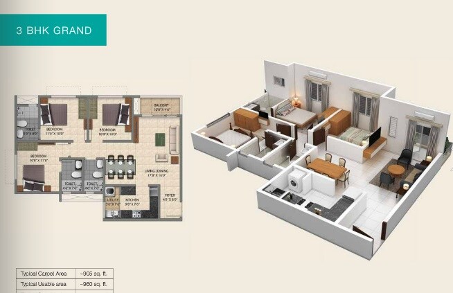 Floor plan of 3 BHK 1314 Sq. Ft. Apartment in Provident Park Square Phase 4, Bangalore