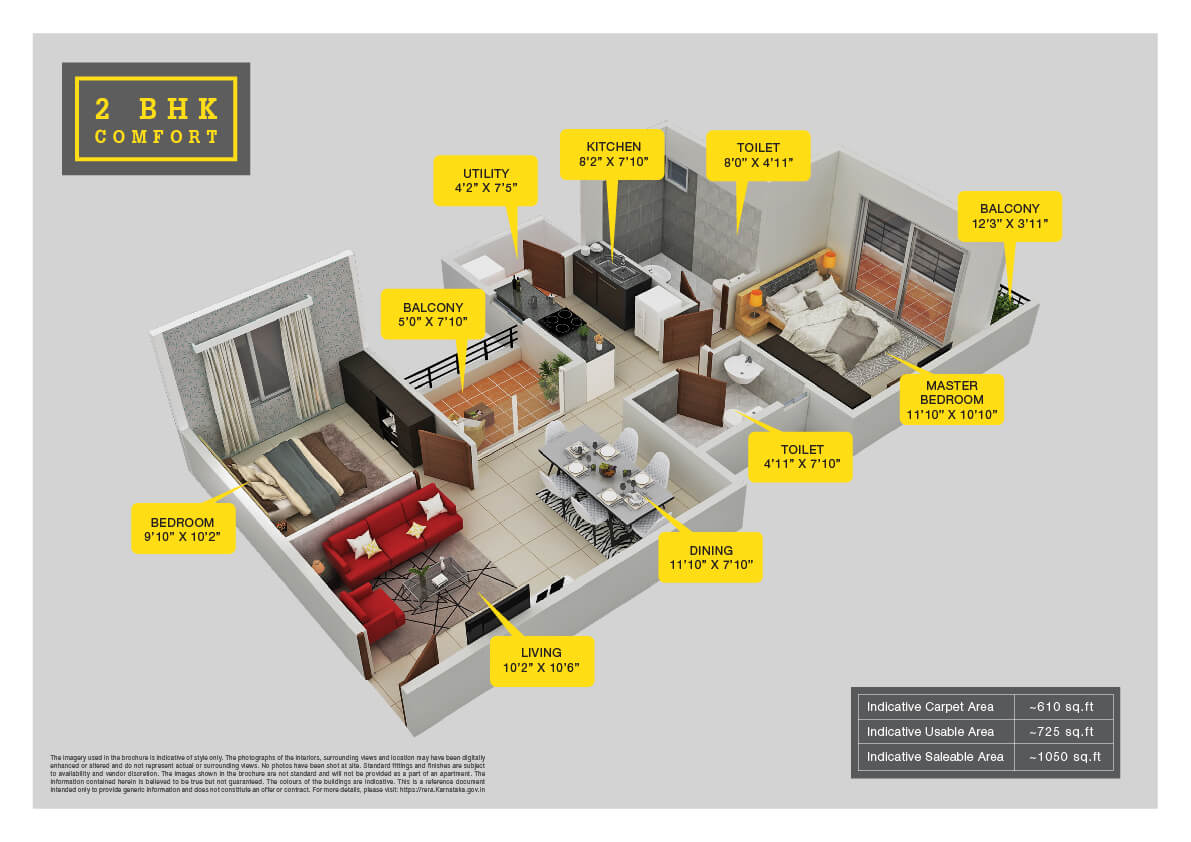 Floor plan of 2 BHK 1050 Sq. Ft. Apartment in Provident Park Woods, Bangalore