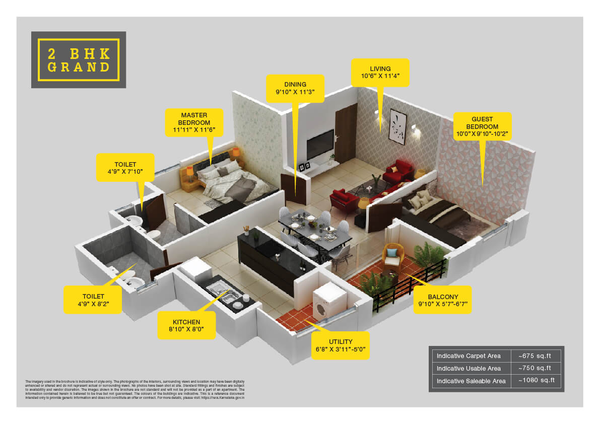 Floor plan of 2 BHK 1080 Sq. Ft. Apartment in Provident Park Woods, Bangalore