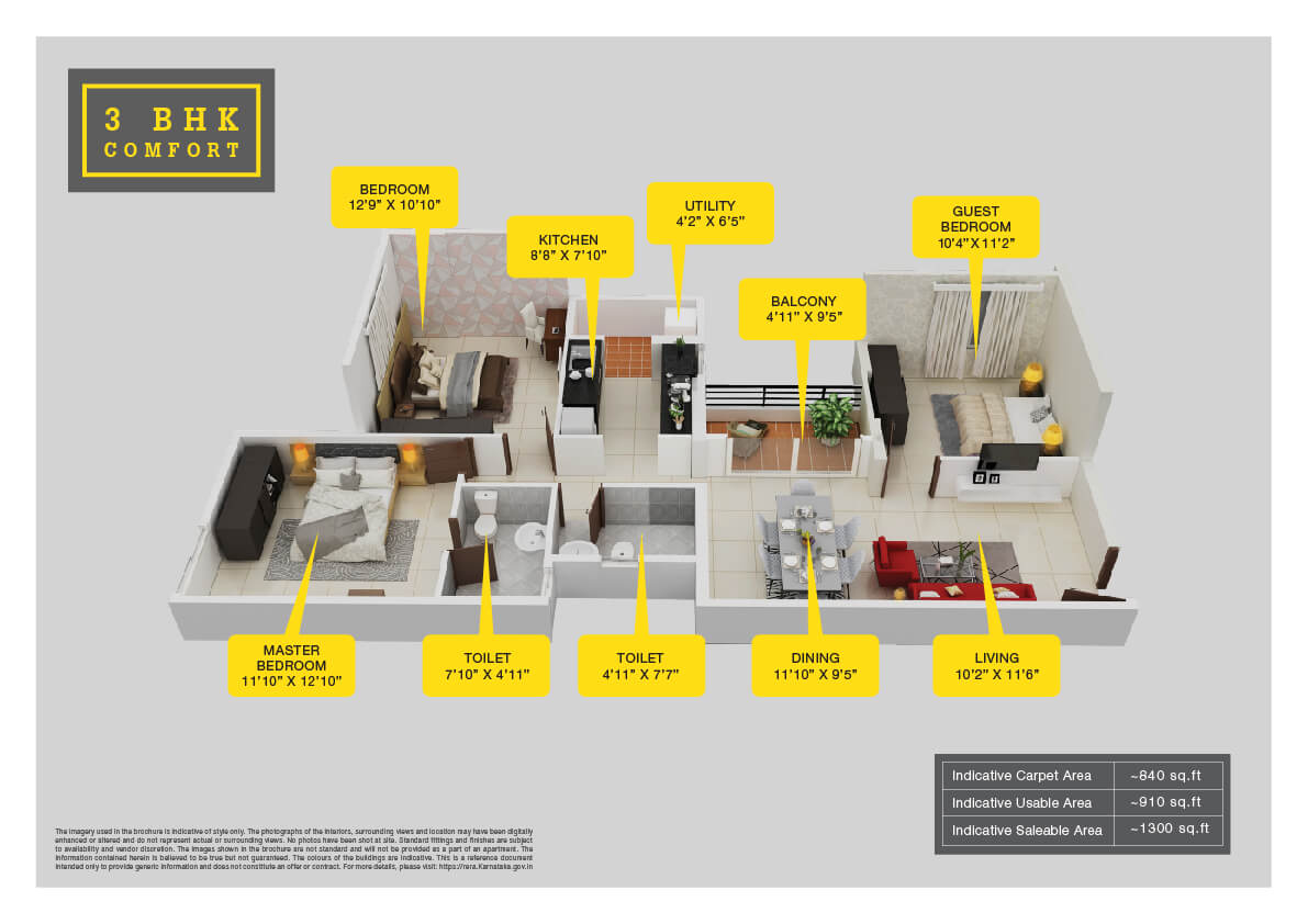 Floor plan of 3 BHK 1300 Sq. Ft. Apartment in Provident Park Woods, Bangalore