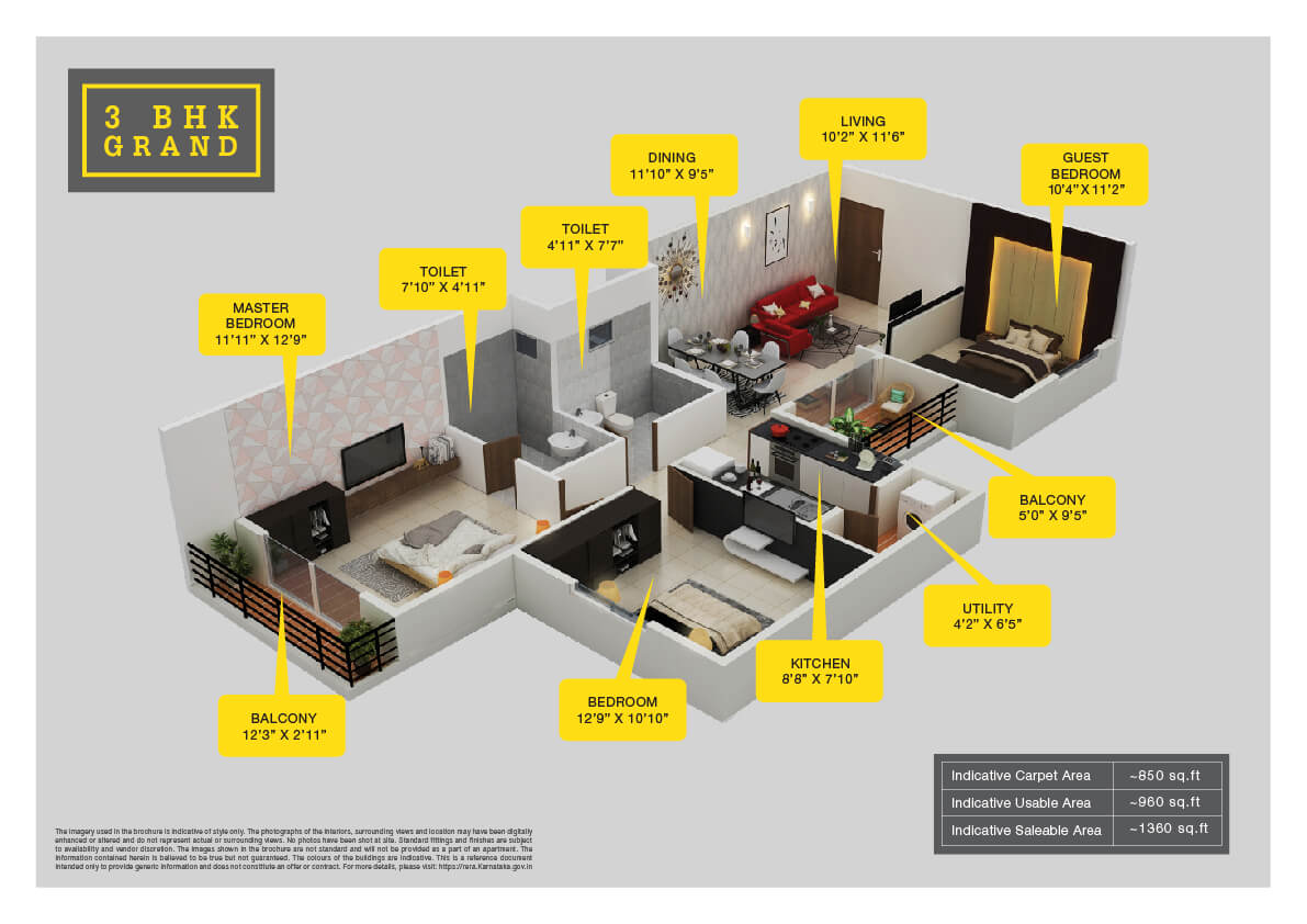 Floor plan of 3 BHK 1360 Sq. Ft. Apartment in Provident Park Woods, Bangalore