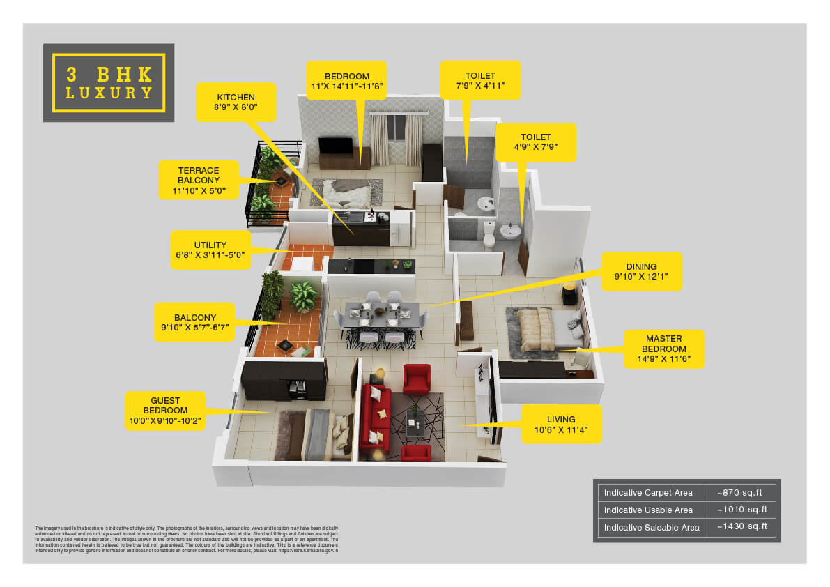 Floor plan of 3 BHK 1430 Sq. Ft. Apartment in Provident Park Woods, Bangalore