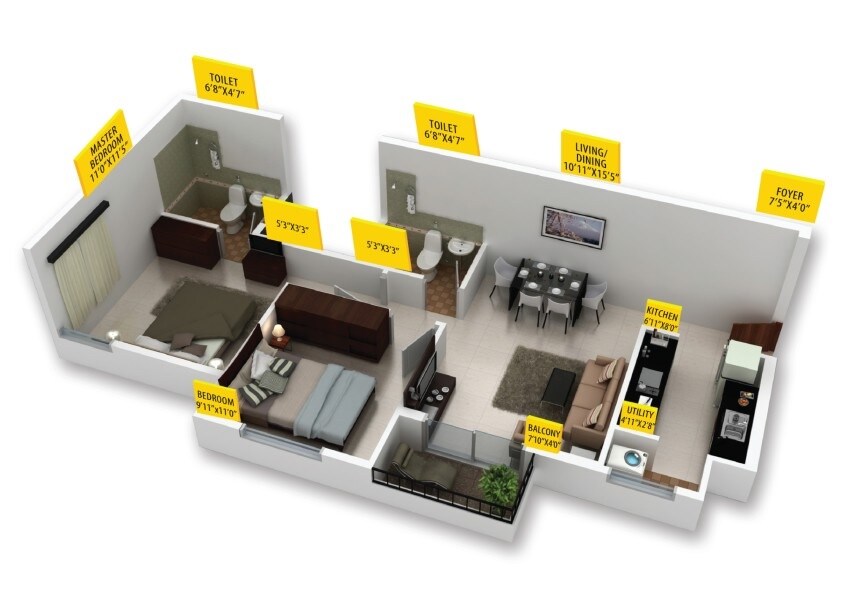 Floor plan of 2 BHK 883 Sq. Ft. Apartment in Provident Rays of Dawn, Bangalore
