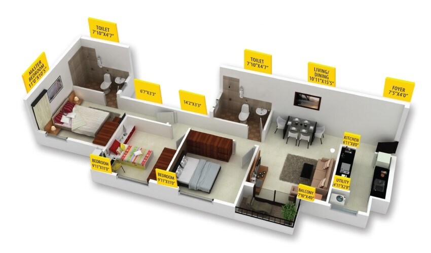 Floor plan of 3 BHK 1082 Sq. Ft. Apartment in Provident Rays of Dawn, Bangalore
