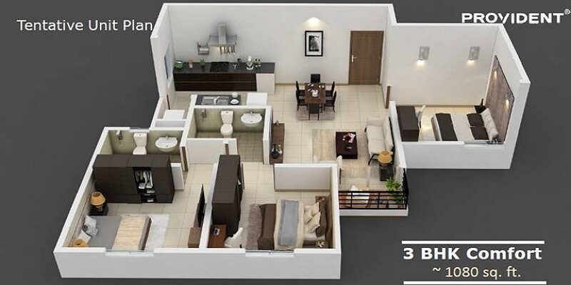 Floor plan of 3 BHK 1080 Sq. Ft. Apartment in Provident Rising City, Bangalore