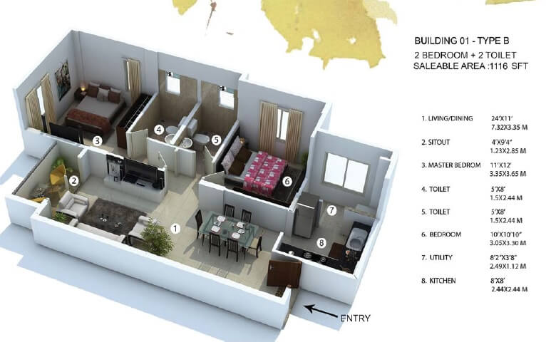 Floor plan of 2 BHK 1116 Sq. Ft. Apartment in Provident The Tree, Bangalore