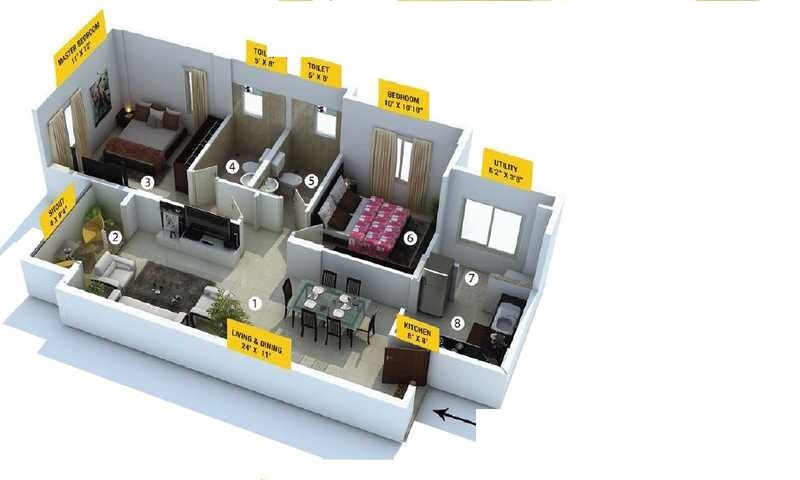 Floor plan of 2 BHK 884 Sq. Ft. Apartment in Provident The Tree, Bangalore