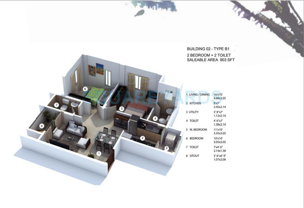 Floor plan of 2 BHK 903 Sq. Ft. Apartment in Provident The Tree, Bangalore