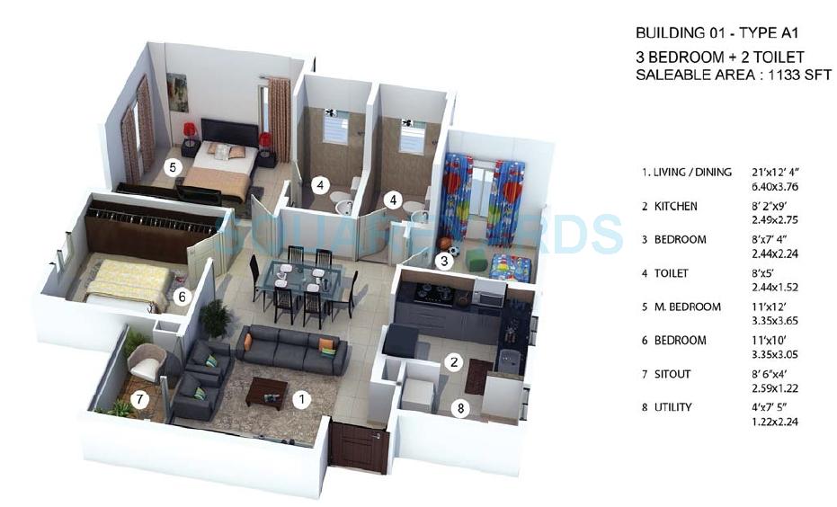 Floor plan of 3 BHK 1133 Sq. Ft. Apartment in Provident The Tree, Bangalore