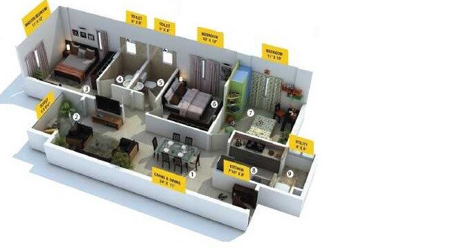 Floor plan of 3 BHK 1318 Sq. Ft. Apartment in Provident The Tree, Bangalore