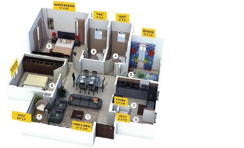 Floor plan of 3 BHK 1322 Sq. Ft. Apartment in Provident The Tree, Bangalore