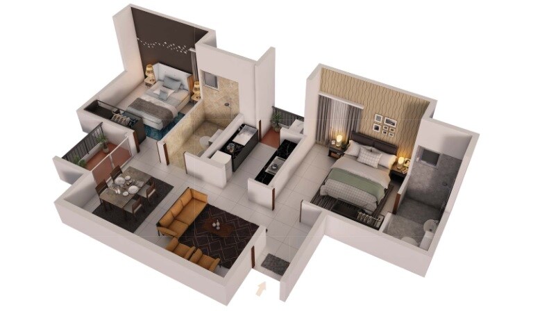 Floor plan of 2 BHK 888 Sq. Ft. Apartment in Provident Too Good Homes, Bangalore