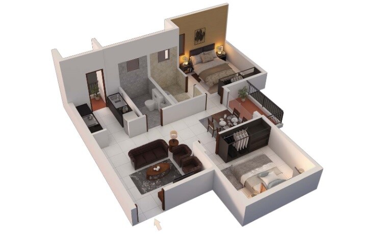 Floor plan of 2 BHK 923 Sq. Ft. Apartment in Provident Too Good Homes, Bangalore