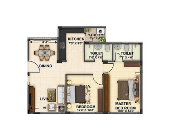 Floor plan of 2 BHK 845 Sq. Ft. Apartment in Provident Welworth City, Bangalore