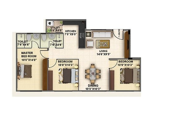 Floor plan of 3 BHK 1075 Sq. Ft. Apartment in Provident Welworth City, Bangalore