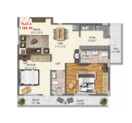 Floor plan of 2 BHK 1188 Sq. Ft. Apartment in Prudent One, Bangalore