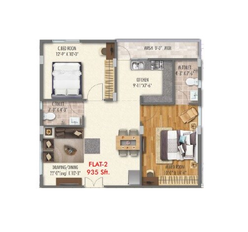 Floor plan of 2 BHK 935 Sq. Ft. Apartment in Prudent One, Bangalore