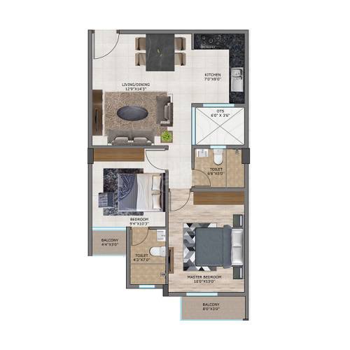 Floor plan of 2 BHK 808 Sq. Ft. Apartment in Pruthvi Homes Dyavasandra, Bangalore