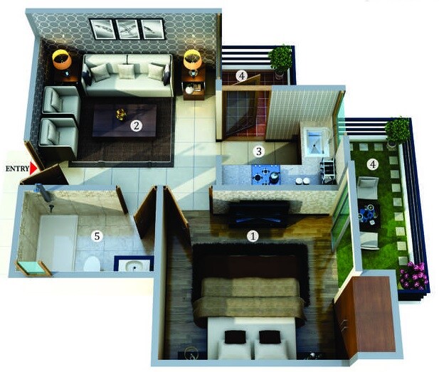 Floor plan of 1 BHK 812 Sq. Ft. Apartment in Pruthvi Royal, Bangalore